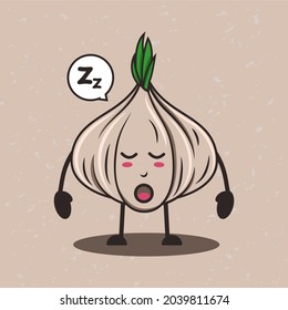 Cute garlic cartoon character posing sleepy