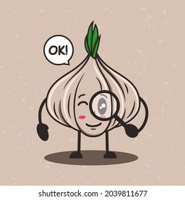 Cute Knoblauchcartoon-Charakter mit Lupe