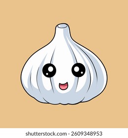 Cute garlic cartoon with large eyes and a happy face on a beige background, ideal for kids' content or cooking illustrations.