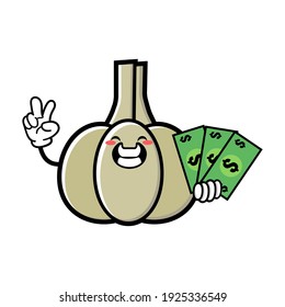süße Knoblauch-Cartoon-Maskottchen-Charakter lustige Ausdruck, Geld mit Friedensgesten