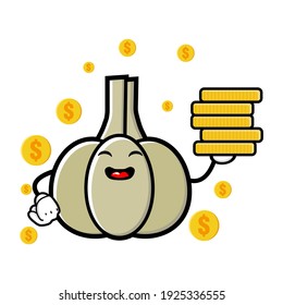 cute garlic cartoon mascot character funny expression holding coin pile
