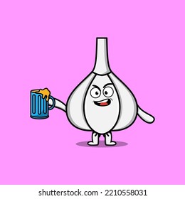 Cute Garlic cartoon mascot character with beer glass and cute stylish design flat illustration