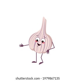Cute garlic character with joy emotions, smiling face, happy eyes, arms and legs. A mischievous vitamin vegetable hero with eyes. Joyful food