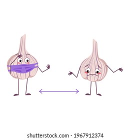 Cute garlic characters with emotions, face and mask keep distance, arms and legs. The funny or sad hero, vegetable. Vector flat illustration