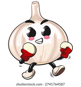 cute garlic mascot character practicing boxing wearing boxing glove, isolated vector illustration, work of hand drawn