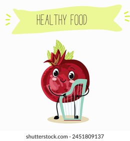 Cute garnet, pomegranate characters, funny fruits, characters with different activities. Flat vector illustration. Organic food, healthy food, illustrations for kids menu, invitations.