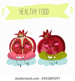 Cute garnet, pomegranate characters, funny fruits, characters with different activities. Flat vector illustration. Organic food, healthy food, illustrations for kids menu, invitations.