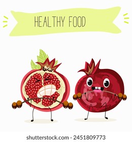 Cute garnet, pomegranate characters, funny fruits, characters with different activities. Flat vector illustration. Organic food, healthy food, illustrations for kids menu, invitations.