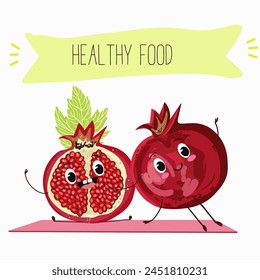 Cute garnet, pomegranate characters, funny fruits, characters with different activities. Flat vector illustration. Organic food, healthy food, illustrations for kids menu, invitations.