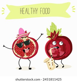 Cute garnet, pomegranate characters, funny fruits, characters with different activities. Flat vector illustration. Organic food, healthy food, illustrations for kids menu, invitations.