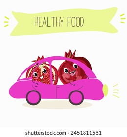 Cute garnet, pomegranate characters, funny fruits, characters with different activities. Flat vector illustration. Organic food, healthy food, illustrations for kids menu, invitations.