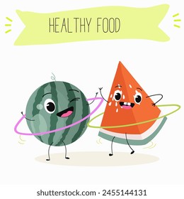 Cute garnet, pomegranate characters, funny fruits, characters with different activities. Flat vector illustration. Organic food, healthy food, illustrations for kids menu, invitations.
