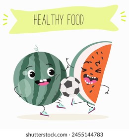 Cute garnet, pomegranate characters, funny fruits, characters with different activities. Flat vector illustration. Organic food, healthy food, illustrations for kids menu, invitations.