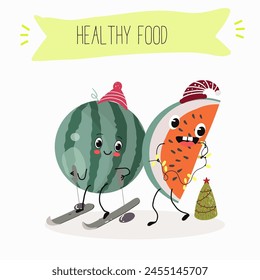 Cute garnet, pomegranate characters, funny fruits, characters with different activities. Flat vector illustration. Organic food, healthy food, illustrations for kids menu, invitations.