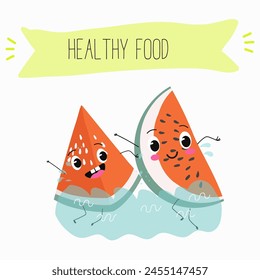 Cute garnet, pomegranate characters, funny fruits, characters with different activities. Flat vector illustration. Organic food, healthy food, illustrations for kids menu, invitations.