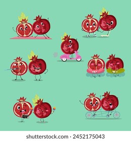 Cute garnet, pomegranate  fruit characters set, collection. Flat vector illustration. Activities, playing musical instruments, sports, funny fruits.