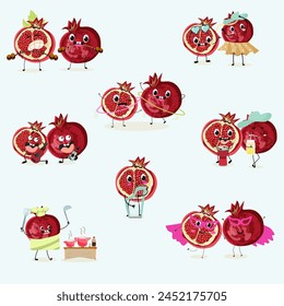 Cute garnet, pomegranate  fruit characters set, collection. Flat vector illustration. Activities, playing musical instruments, sports, funny fruits.