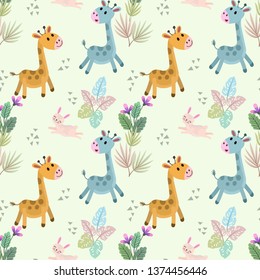 Cute gartoon giraffe and  rabbit seamless pattern.