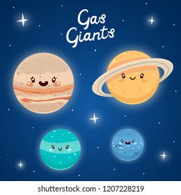 Cute Gas Giants, Jupiter, Saturn, Uranus, Neptune, cartoon characters, vector.