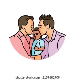 Cute gay couple and baby color line illustration  LGBT adoption children