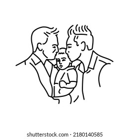 Cute gay couple and baby color line illustration  LGBT adoption children