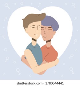 Cute gay couple inside a heart shape. Two men hugging each other. Saint Valentines day card with happy homosexual couple. Flat vector illustration.