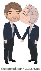 Cute gay couple wedding kiss, tailcoat wedding, gay grooms, gay kissing cheek 