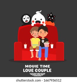 cute gay coupleswatch horror movies in the house cartoon vector.lgbt love concept.happy halloween day.