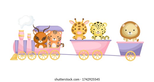 Cute gazelle, tiger, giraffe, jaguar and lion ride on train. Graphic element for childrens book, album, postcard or mobile game. Zoo theme. Flat vector illustration isolated on white background.