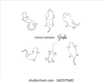 cute gecko hand drawn icon vector set line art, Doodle Cartoon Animals in black and white style, Perfect for invitations,greeting cards, prints, posters