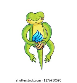 Cute gecko isolated on white background. Lizard cartoon green character holding blue cupcake. Little happy baby dragon. Kids illustration of dinosaur with sweet dessert vector
