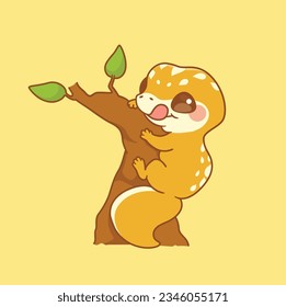 Cute gecko lizard on tree branch cartoon illustration.