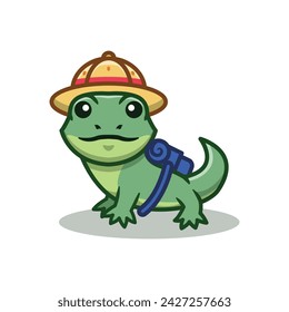 Ilustración del vector de la mascota del geco lindo. Gecko Con Sombrero Y Mochila Aislados Sobre Fondo Blanco.