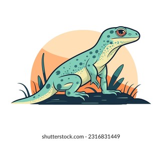 Cute gecko sitting on branch in forest icon isolated