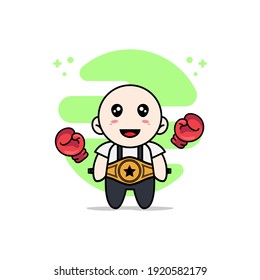 Cute geek boy character with boxing gloves and champion belt. Mascot design concept