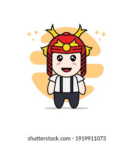 Cute geek boy character design wearing samurai helmet costume. Mascot design concept
