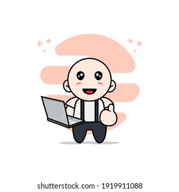 Cute geek boy character holding laptop. Mascot design concept