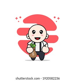 Cute geek boy character holding a bag of money. Mascot design concept