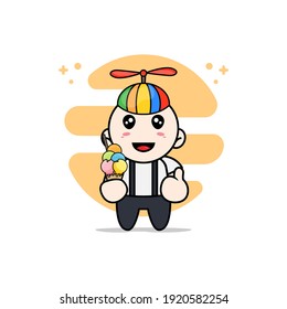 Cute geek boy character holding a ice cream. Mascot design concept
