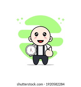 Cute geek boy character holding a wall clock. Mascot design concept