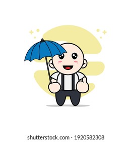 Cute geek boy character holding a umbrella. Mascot design concept