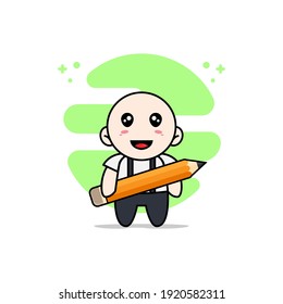 Cute geek boy character holding a big pencil. Mascot design concept