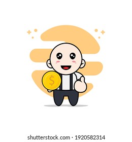 Cute geek boy character holding a coin. Mascot design concept