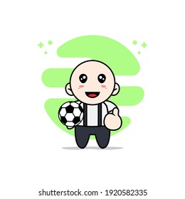 Cute geek boy character holding a ball. Mascot design concept