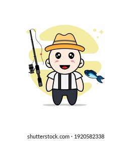Cute geek boy character holding a fishing rod. Mascot design concept