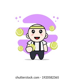 Cute geek boy character holding a tennis ball. Mascot design concept