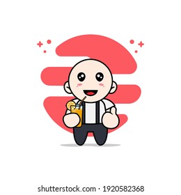 Cute geek boy character holding a cup of juice. Mascot design concept