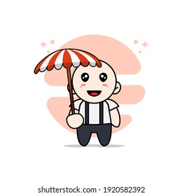 Cute geek boy character holding a umbrella. Mascot design concept