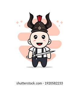 Cute geek boy character wearing gladiator costume. Mascot design concept