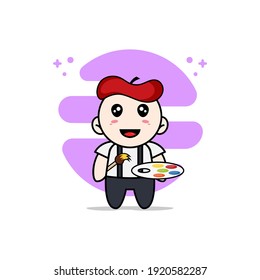 Cute geek boy character wearing painter costume. Mascot design concept